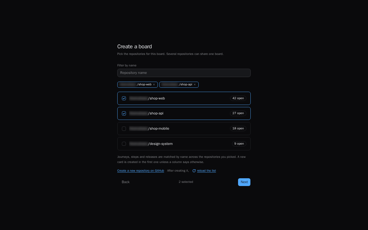 The repository picker in the Fervio wizard