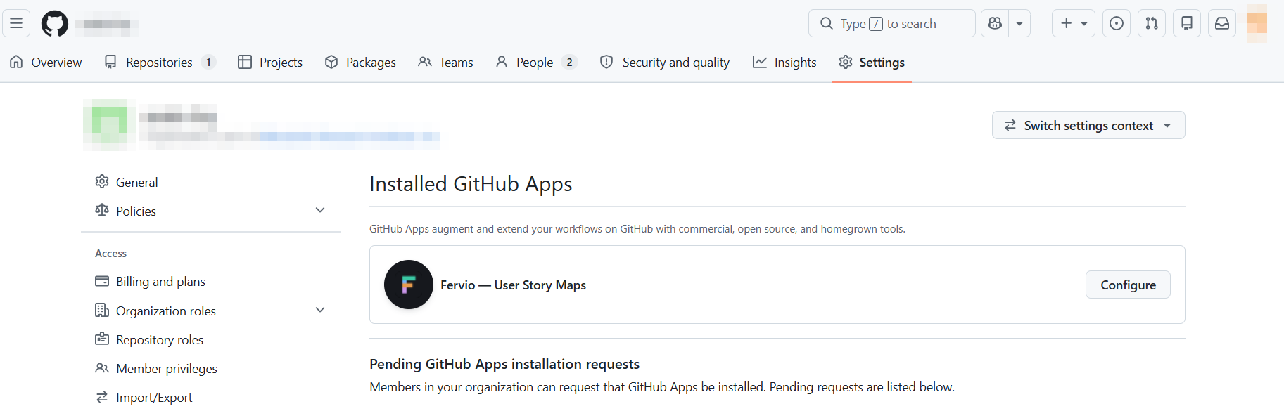 GitHub Apps in an organization's settings